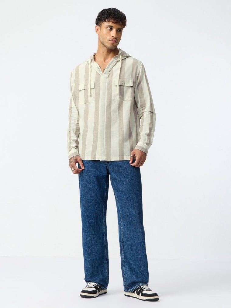 Cotton Linen Hooded Shirt: Nougat Cotton Linen Shirts
