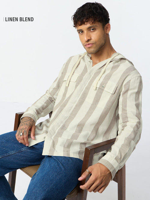 Cotton Linen Hooded Shirt: Nougat Cotton Linen Shirts