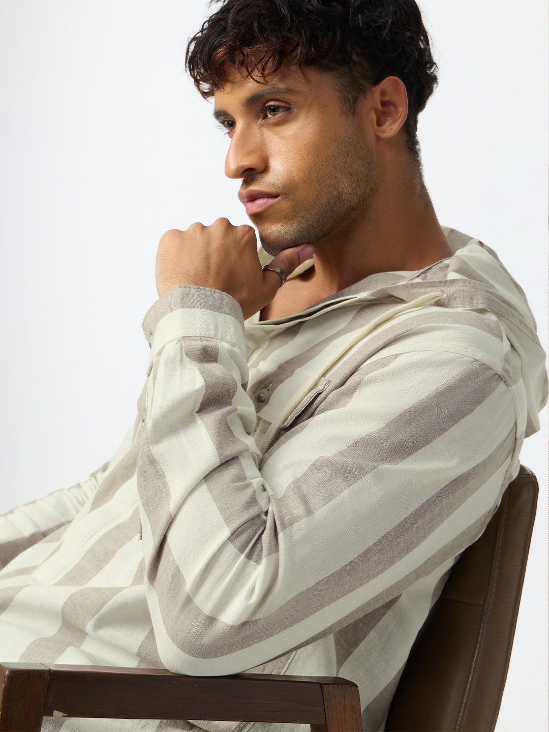 Cotton Linen Hooded Shirt: Nougat Cotton Linen Shirts