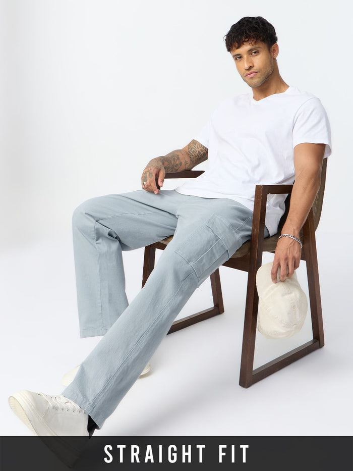 Straight-Fit Denim: Slate Grey Men Cargo Jeans