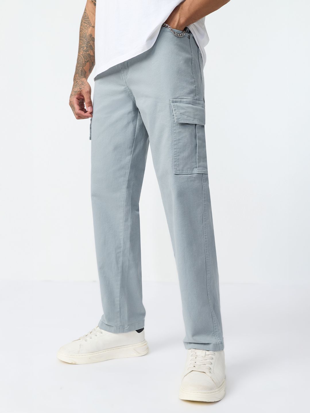 Straight-Fit Denim: Slate Grey Men Cargo Jeans