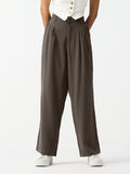 Pleated Trousers: Taupe Women Straight Pants