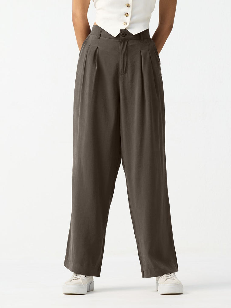 Pleated Trousers: Taupe Women Straight Pants