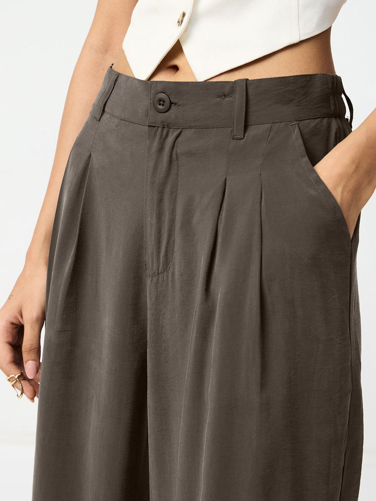 Pleated Trousers: Taupe Women Straight Pants