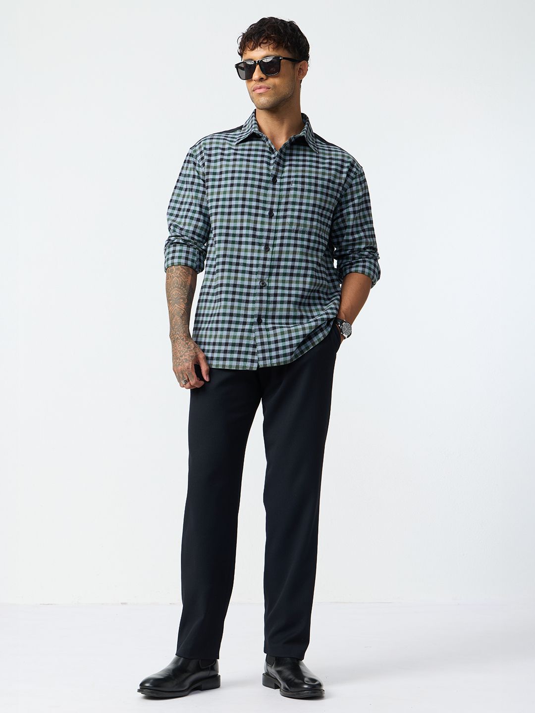 Check Shirts: Midnight Grid Men Relaxed Shirts