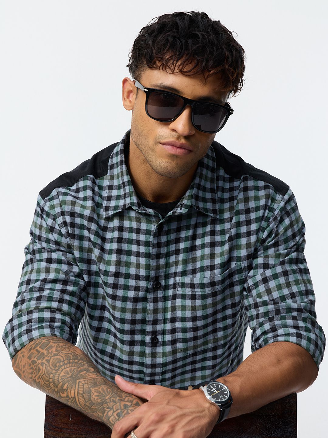 Check Shirts: Midnight Grid Men Relaxed Shirts