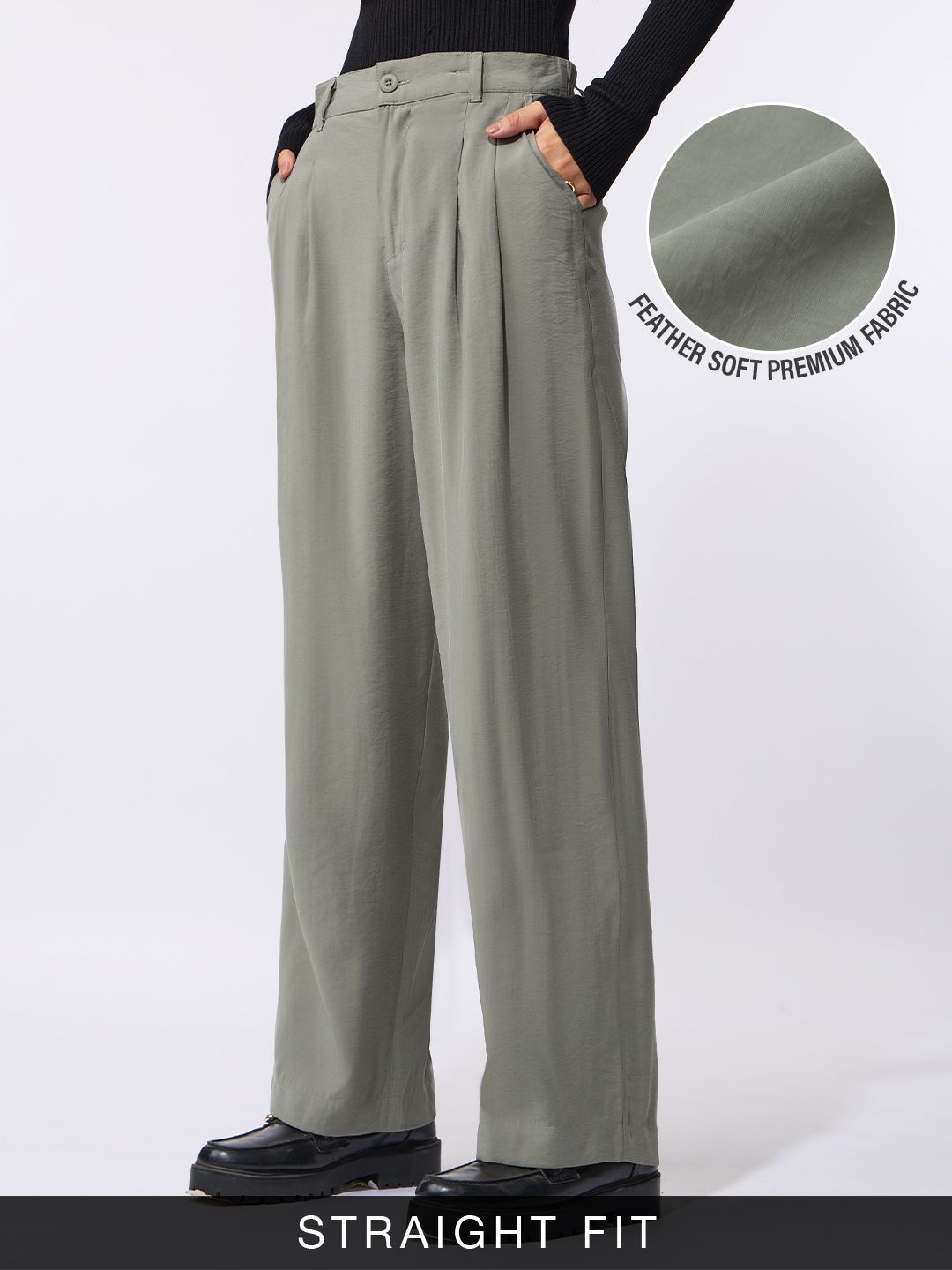Pleated Trousers: Ice Grey Women Straight Pants