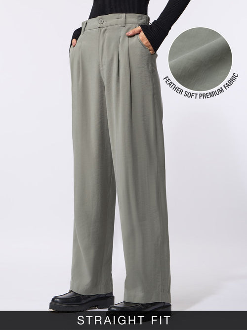 Pleated Trousers: Ice Grey Women Straight Pants