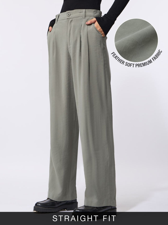 Pleated Trousers: Ice Grey Women Straight Pants