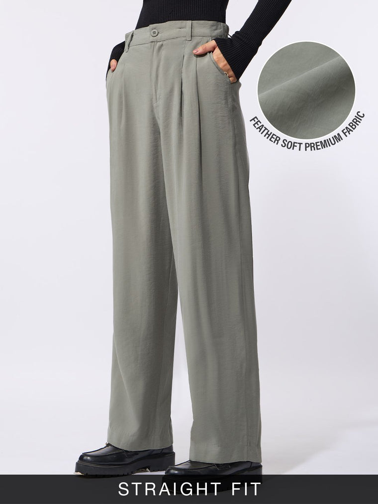 Pleated Trousers: Ice Grey Women Straight Pants
