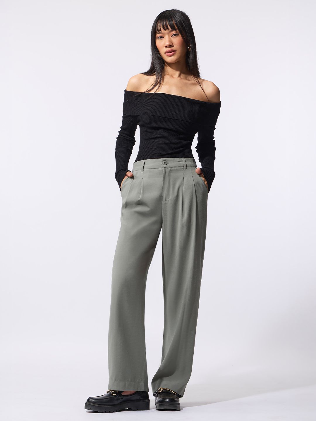 Pleated Trousers: Ice Grey Women Straight Pants