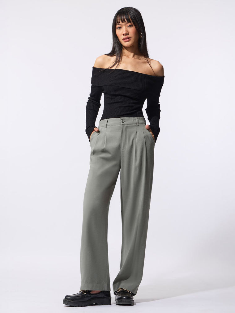 Pleated Trousers: Ice Grey Women Straight Pants