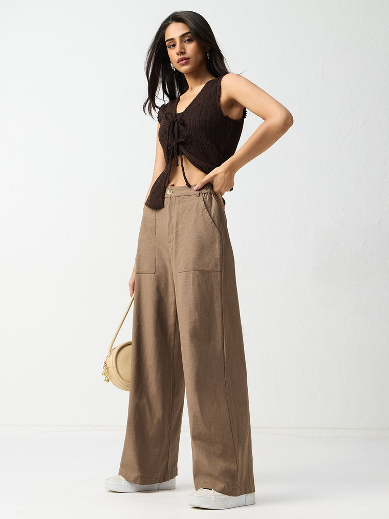 Cotton Linen Pant: Khaki Women Wide Pants