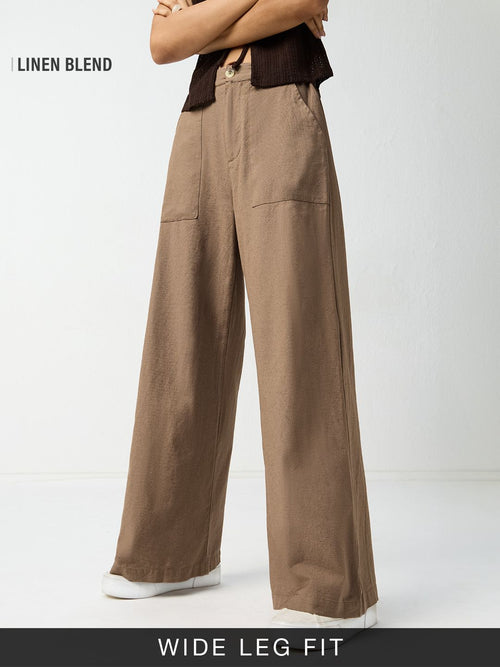 Cotton Linen Pant: Khaki Women Wide Pants