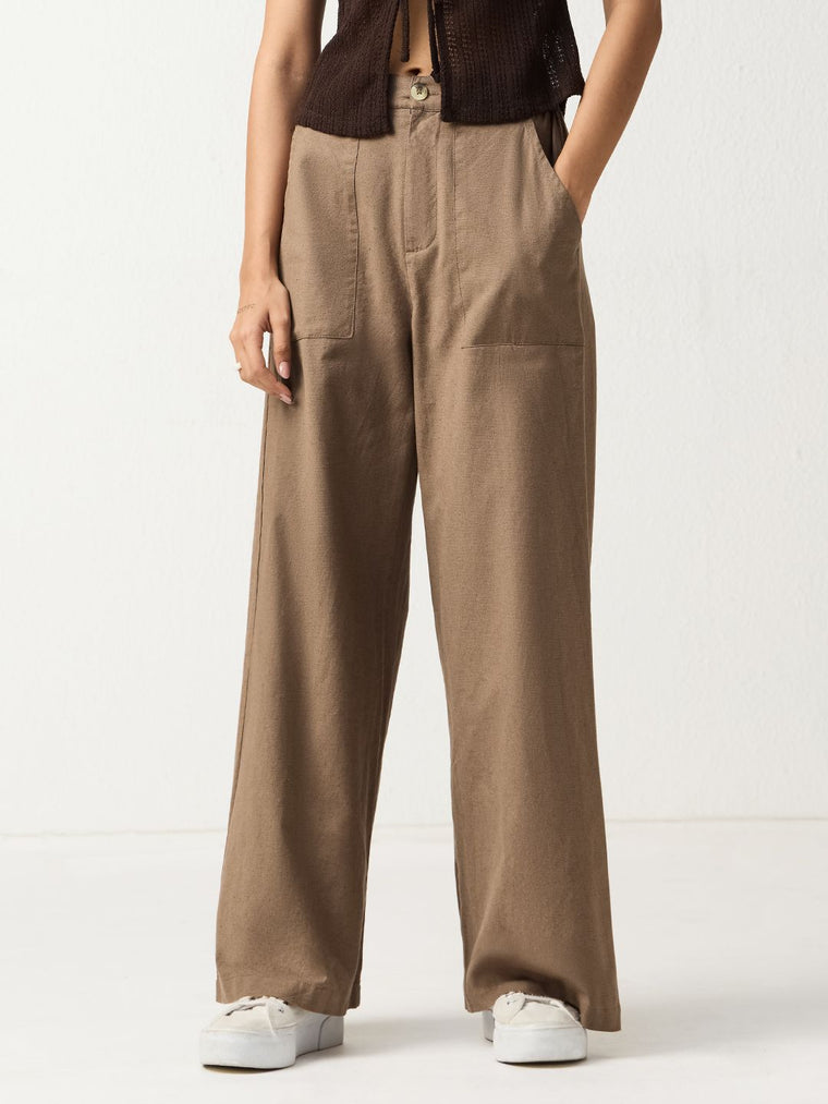 Cotton Linen Pant: Khaki Women Wide Pants