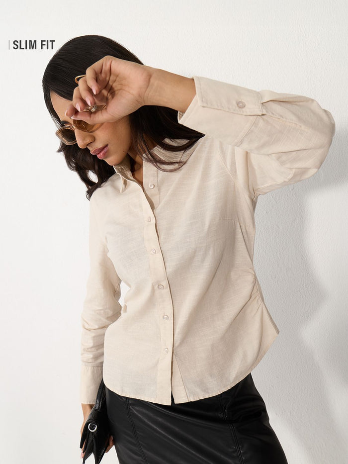 Tailored Solids: Almond Buff Women Fitted Shirts