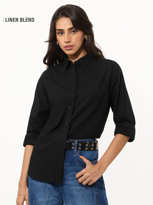 Cotton Linen Shirt: Black Women Relaxed Shirts