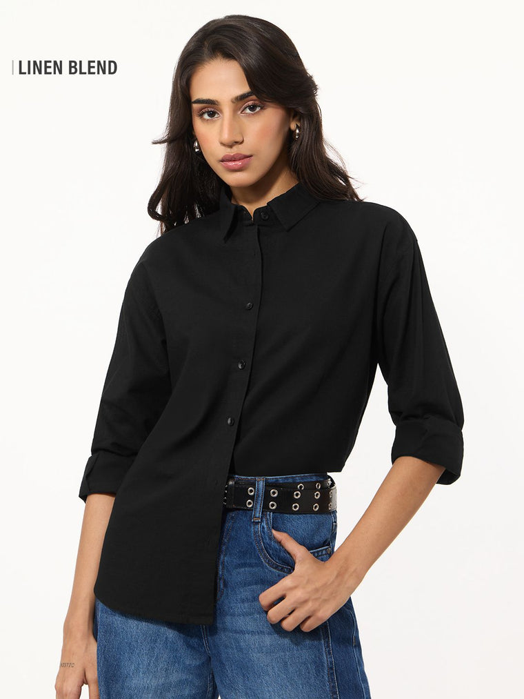 Cotton Linen Shirt: Black Women Relaxed Shirts