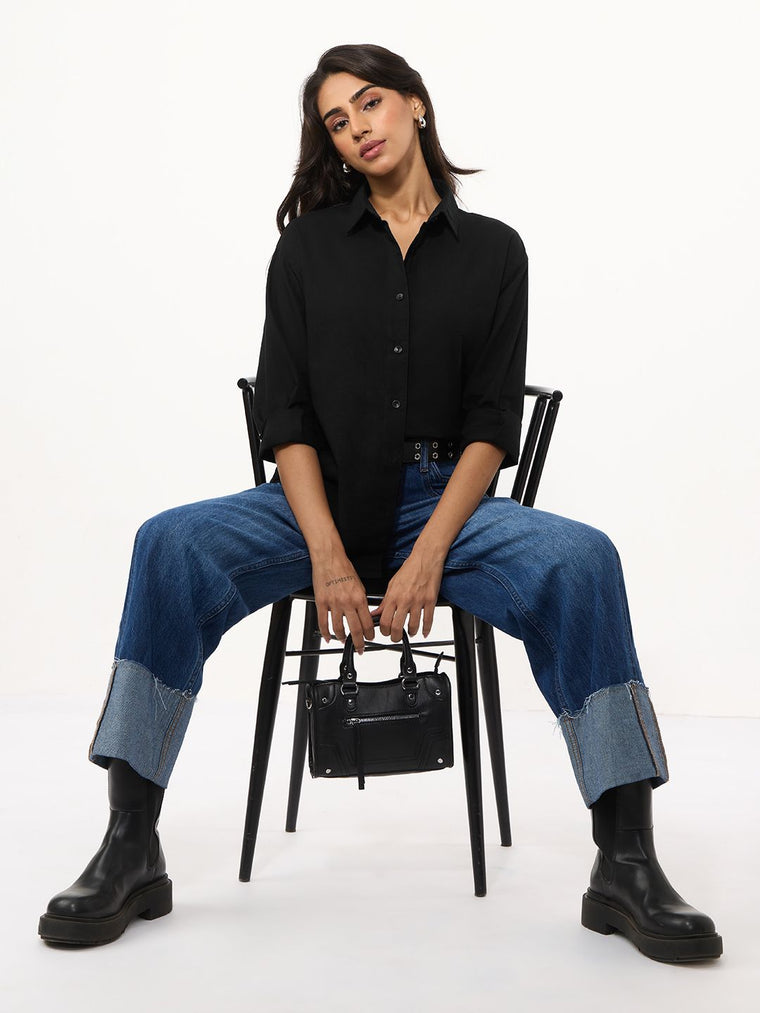 Cotton Linen Shirt: Black Women Relaxed Shirts