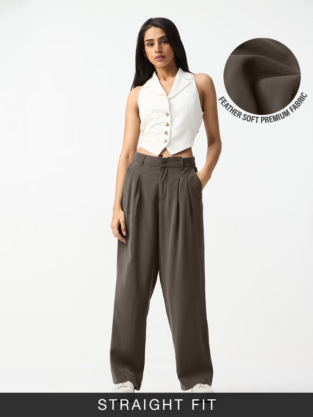 Pleated Trousers: Taupe Women Straight Pants