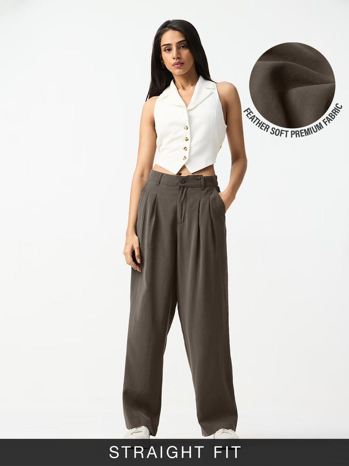 Pleated Trousers: Taupe Women Straight Pants