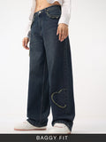 Baggy-Fit Denim: Frayed Heart Women Baggy Denims
