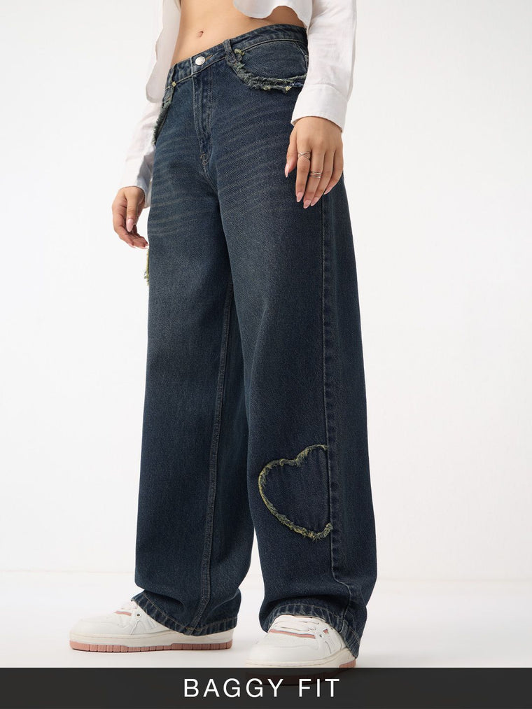 Baggy-Fit Denim: Frayed Heart Women Baggy Denims