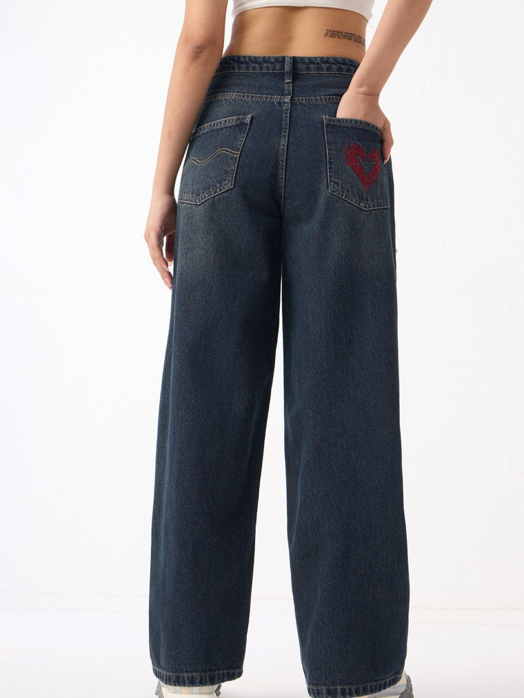 Baggy-Fit Denim: Frayed Heart Women Baggy Denims