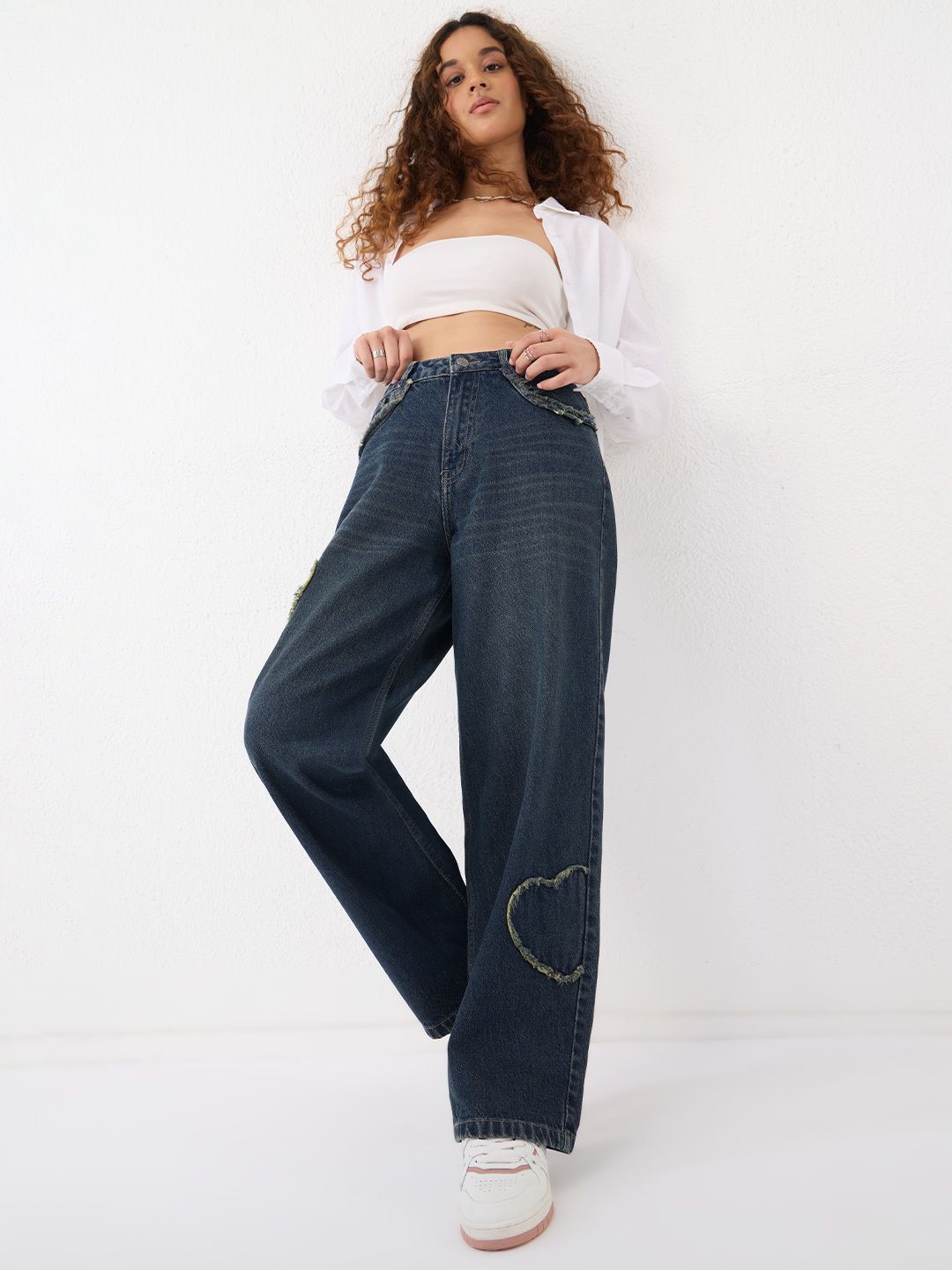 Baggy-Fit Denim: Frayed Heart Women Baggy Denims