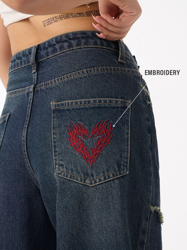 Baggy-Fit Denim: Frayed Heart Women Baggy Denims