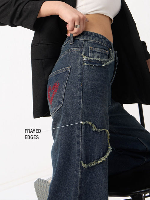 Baggy-Fit Denim: Frayed Heart Women Baggy Denims