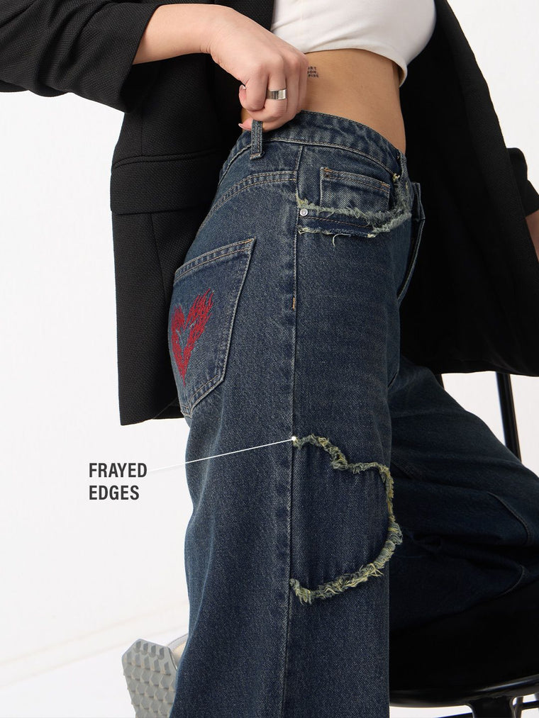 Baggy-Fit Denim: Frayed Heart Women Baggy Denims