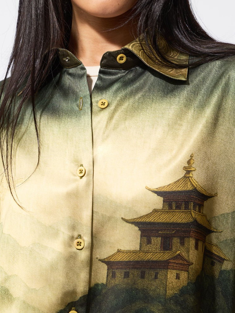 Tibetan Tales: Green Landscape Women Oversized Shirts