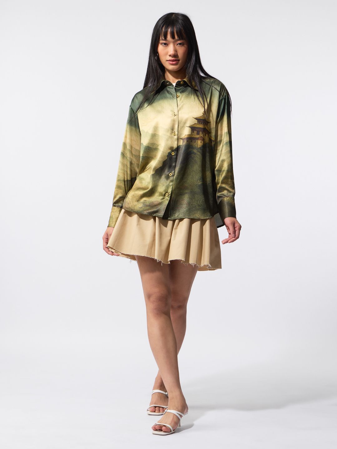 Tibetan Tales: Green Landscape Women Oversized Shirts