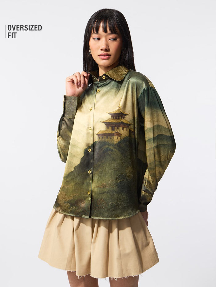 Tibetan Tales: Green Landscape Women Oversized Shirts