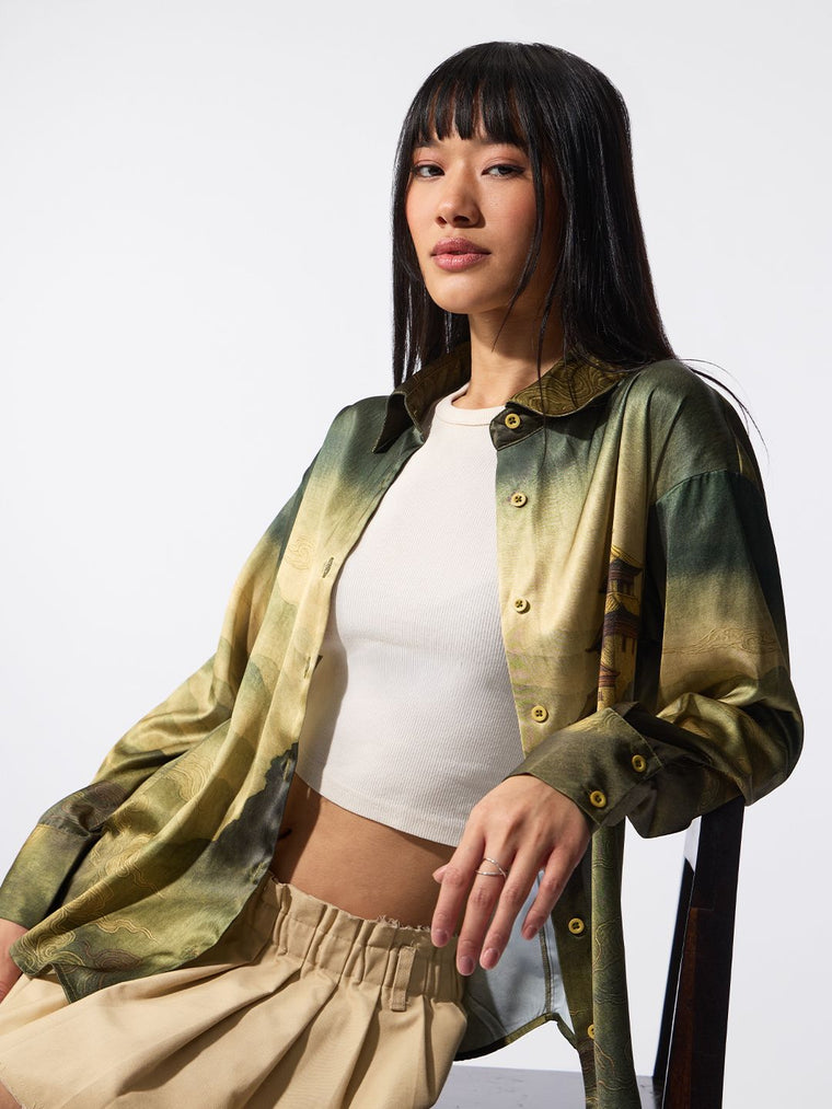 Tibetan Tales: Green Landscape Women Oversized Shirts