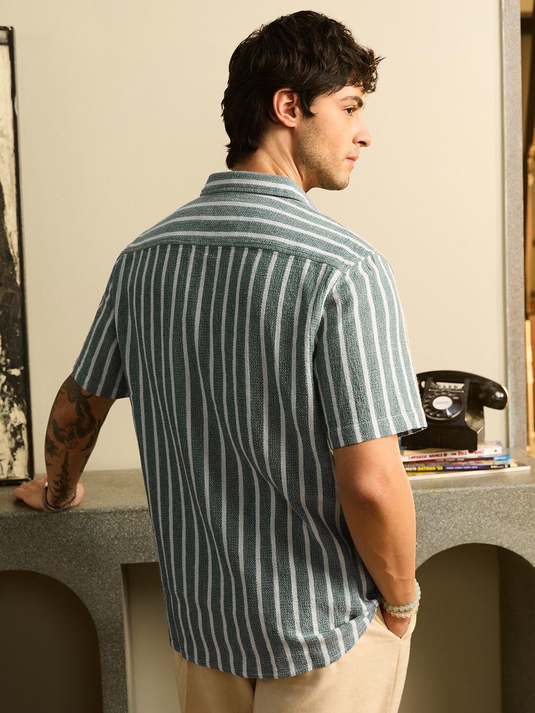 TSS Originals: Stripes Green Men Textured Shirts