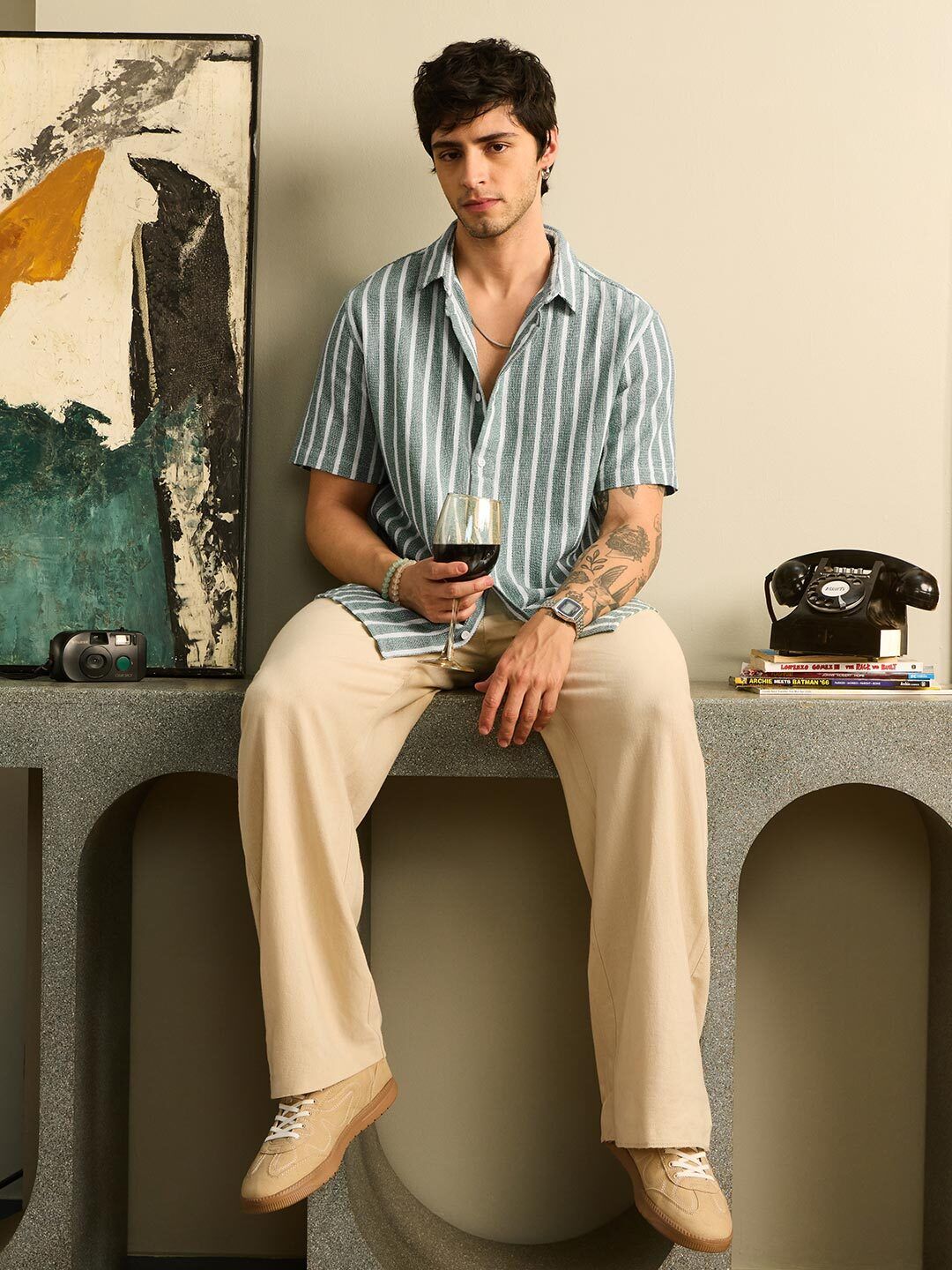 TSS Originals: Stripes Green Men Textured Shirts