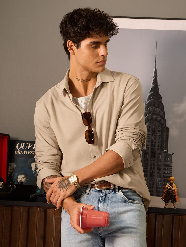 Textured Shirt: Mudbrown Men Textured Shirts