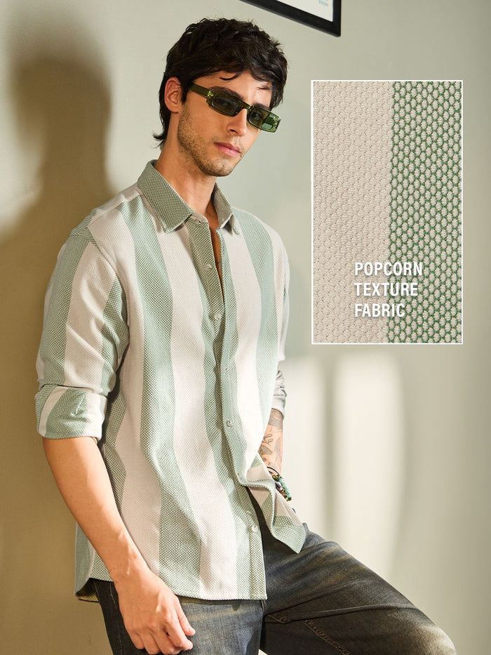Popcorn Stripes: Sage Men Textured Shirts