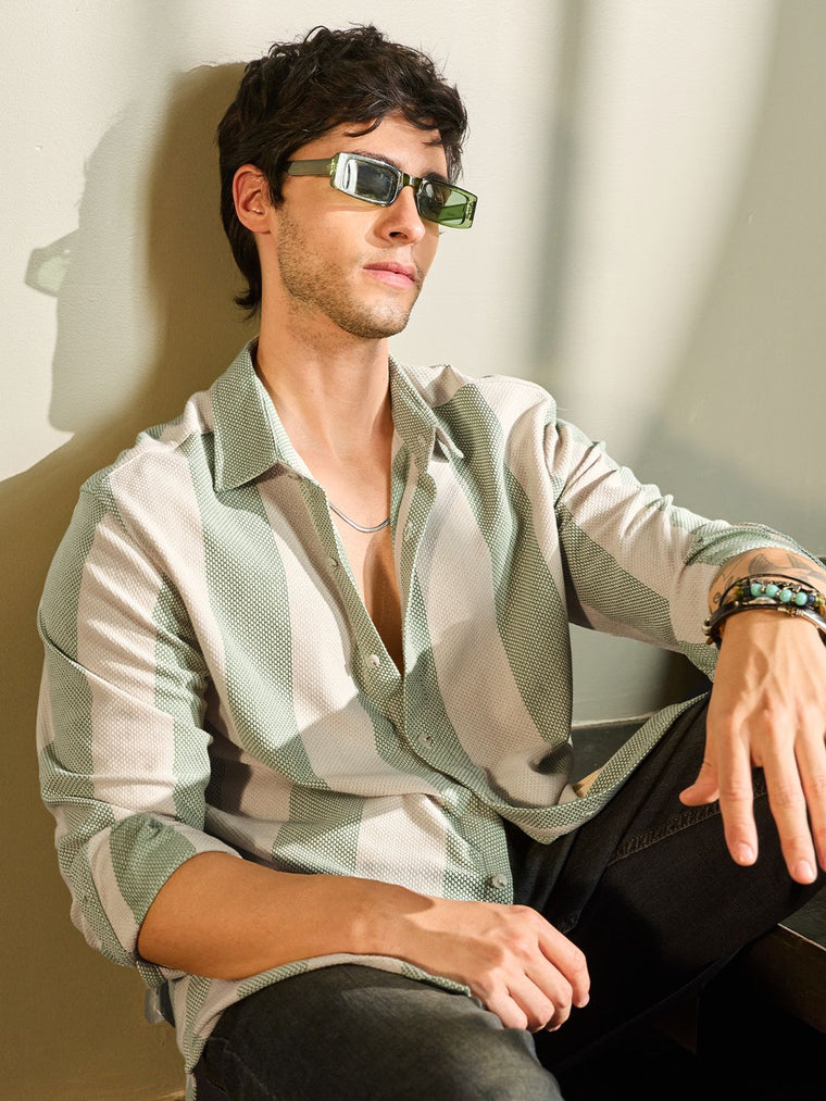 Popcorn Stripes: Sage Men Textured Shirts