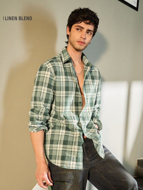 Cotton Linen Checks: Matcha Cotton Linen Shirts