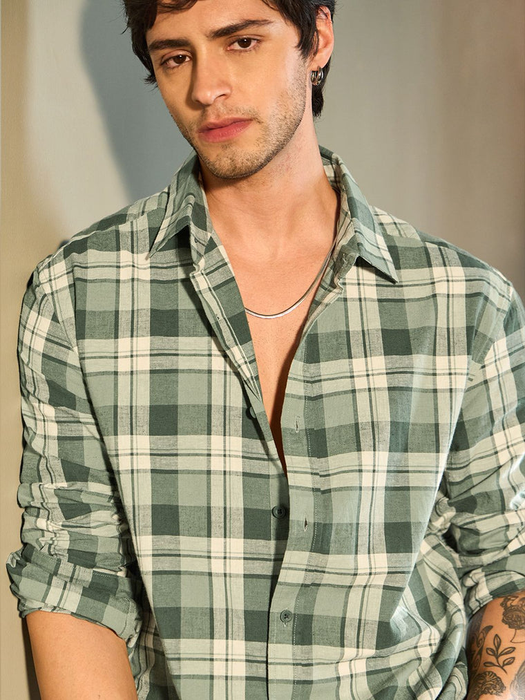 Cotton Linen Checks: Matcha Cotton Linen Shirts