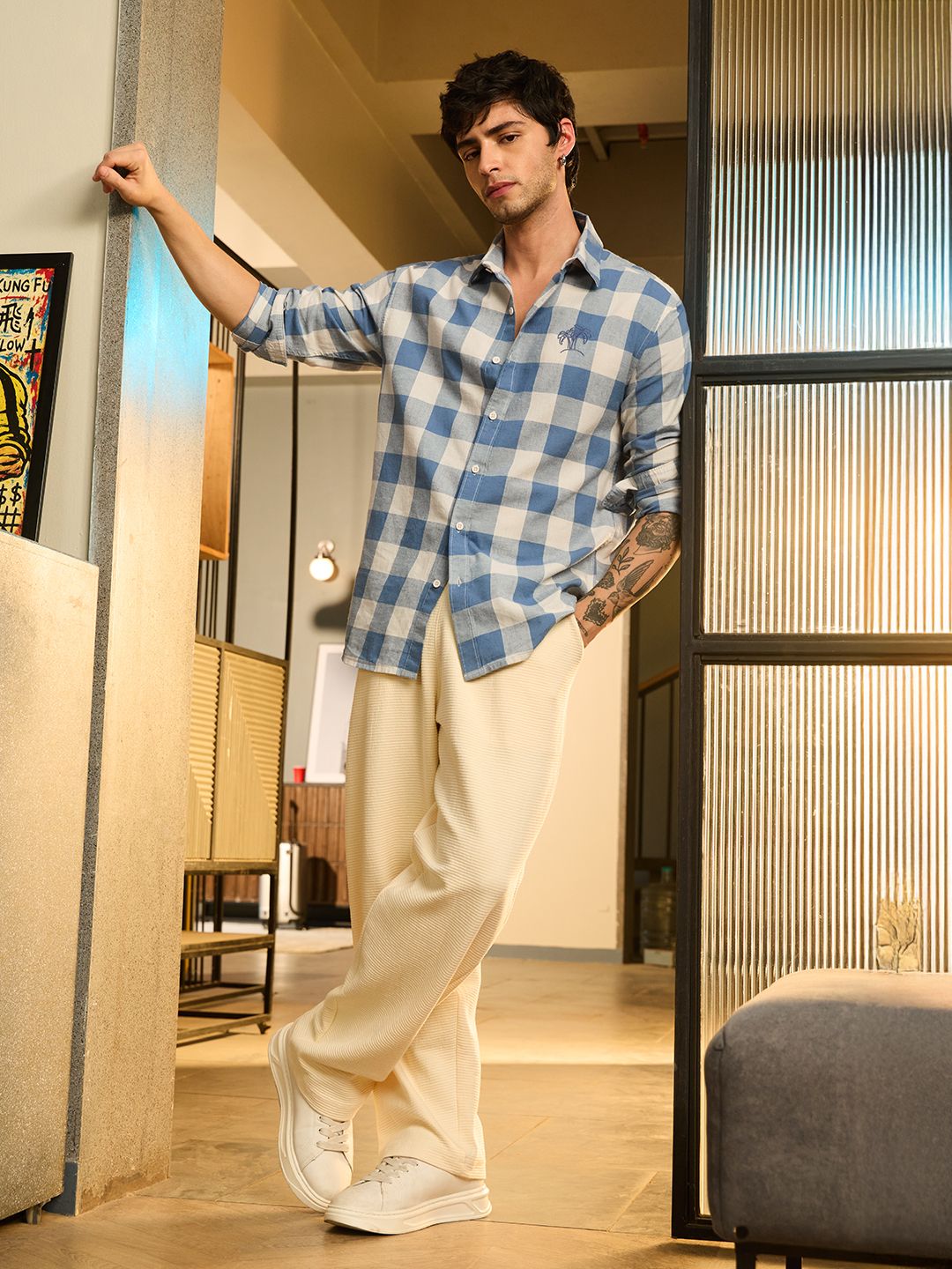 Cotton Linen Checks: Blue Sails Cotton Linen Shirts