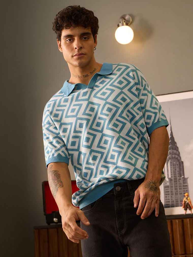 Jacquard: Blue Retro Oversized Polos