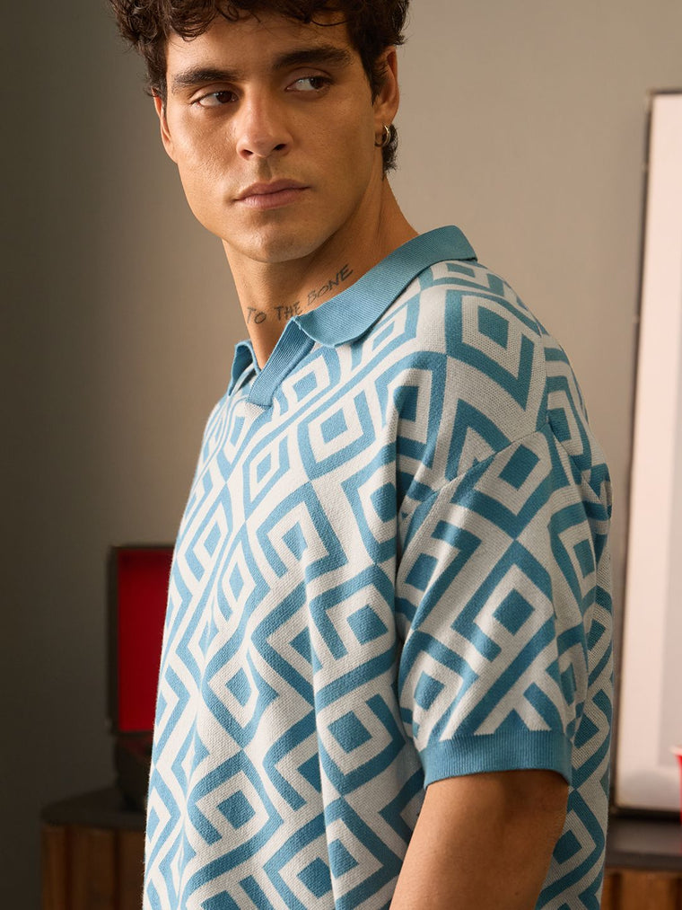 Jacquard: Blue Retro Oversized Polos