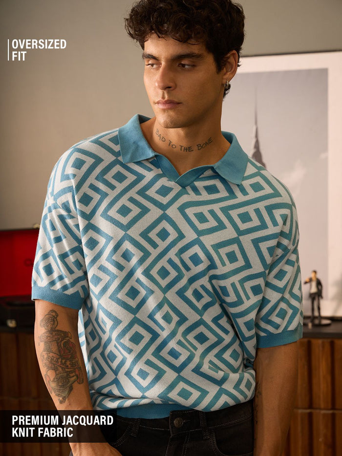 Jacquard: Blue Retro Oversized Polos