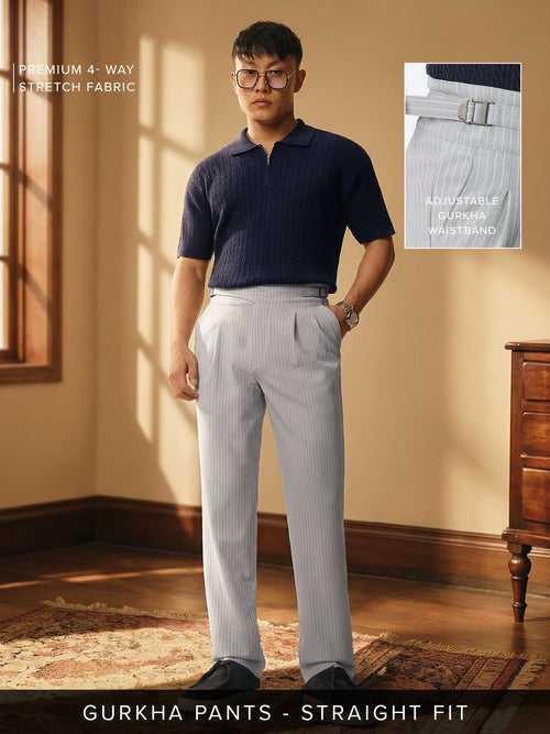 Gurkha Pants: Cloud White Stripes Men Super Flex Pants