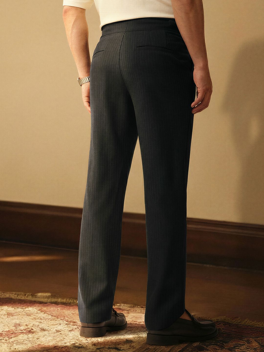 Gurkha Pants: Charcoal Grey Stripes Men Super Flex Pants