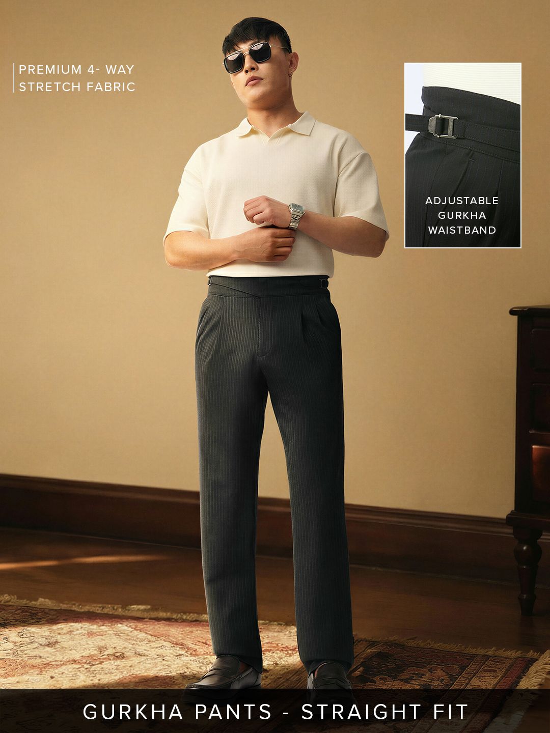 Gurkha Pants: Charcoal Grey Stripes Men Super Flex Pants